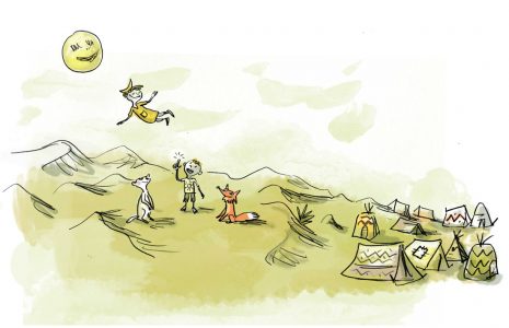 Illustration, Kinderbuch, Zeichnung für Kinder, Kinderillustration, Wüste, REise, Mond, Kinder spielend, Flug, fliegen, Mondkind, Fuchs, Erdmännchen