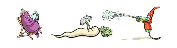 Chili, Aubergine, Rettich, Wasserpistole, Zeitung