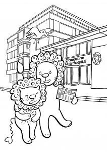 Clementine, Kinderkrankenhaus, Ausmalheft, ausmalen, Kind, krank, Krankenhaus, Bauchweh, Bauchschmerzen, Einweisung, Arzt, Hospital, Leopaulino, Löwe