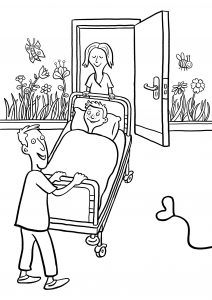 Clementine, Kinderkrankenhaus, Ausmalheft, ausmalen, Kind, krank, Krankenhaus, Bauchweh, Bauchschmerzen, Bett, Krankenzimmer, Pfleger, Krankenschwester, Arzt, Hospital, Leopaulino, Löwe