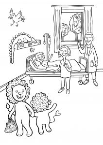 Clementine, Kinderkrankenhaus, Ausmalheft, ausmalen, Kind, krank, Krankenhaus, Bauchweh, Bauchschmerzen, Einweisung, Arzt, Bett, Krankenbett, Krankenzimmer, Hospital, Leopaulino, Löwe