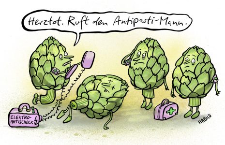 Artischocke Elektro-Schock Reanimation Herz Antipasti Tot Sterben Bestatter