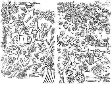 Wimmelbild Ausmalkarte Ausmalbild Frühling Garten Party Feier Pflanzen Wachsen Grün