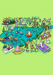 wimmelbild wimmelteich teich badeteich see badesee sommer baden steg schwimmen liegewiese sonnen menschen enten tiere spaß