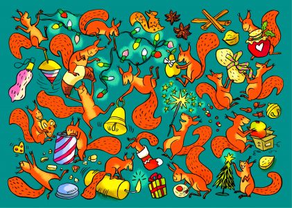 weihnachten eichhörnchen wimmelbild nüsse lichterkette bescherung plätzchen gewürze glocke plätzchen