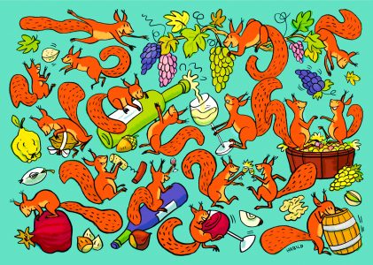eichhörnchen wimmelbild nüsse wein weinlese trauben weinflasche glas weinglas weinfass