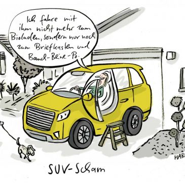 suv-scham, auto, suv, feinstaub, klimawandel, spritverbrauch, bioladen, briefkasten, bauch-beine-po, garage, hausfrau, ökosteuer, habild