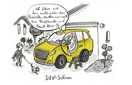 suv-scham, auto, suv, feinstaub, klimawandel, spritverbrauch, bioladen, briefkasten, bauch-beine-po, garage, hausfrau, ökosteuer, habild