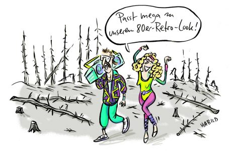 80er, retro, ghettoblaster, aerobic, neon, Waldsterben, Wettbewerb, waldspaziergang, nostalgie, totholz, fashion, Wald, Forst, habild, Klimawandel