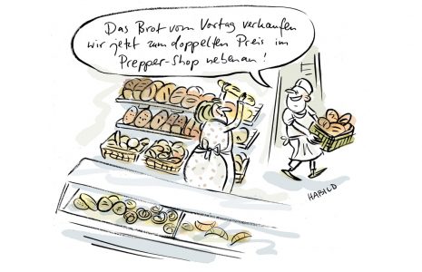 prepper, lebensmittel, brot, hamstern, bäckerei, cartoon