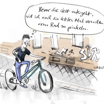 Fahrrad, Pinkeln, im Fahren pinkeln, Weltuntergang, Endzeitstimmung, Cartoon, Habild