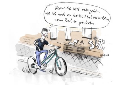 Fahrrad, Pinkeln, im Fahren pinkeln, Weltuntergang, Endzeitstimmung, Cartoon, Habild
