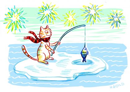 Weihnachten, Katzen, Weihnachtskarte, Katze, Fisch, Eisfischen, eisscholle, meer, fischen, angel