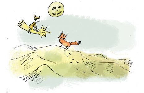 Illustration, Kinderbuch, Zeichnung für Kinder, Kinderillustration, Mond, Kinder spielend, Flug, fliegen, Mondkinder, Mondkind, Sternschnuppe, Fuchs