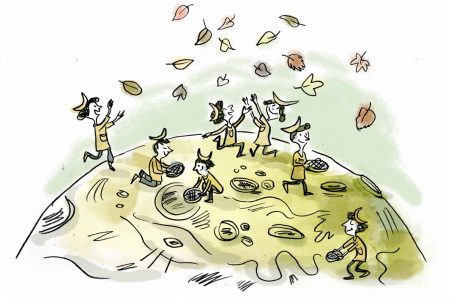 Illustration, Kinderbuch, Zeichnung für Kinder, Kinderillustration, Mond, Blätter, Kinder spielend, Mondkinder, Mondkind