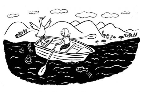 Illustration, Kinderbuch, Zeichnung für Kinder, Kinderillustration, Gans, Boot, Bootsfahrt, See, Ruderboot, Rudern