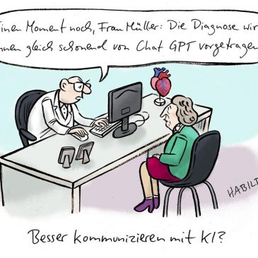 chat gpt, KI, AI, Kommunikation, Arzt, Cartoon, ARztpraxis, Diagnose, Sprechzimmer, Patient, Karikatur, Künstliche Intelligenz, Arztgespräch,