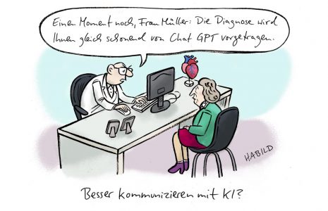 chat gpt, KI, AI, Kommunikation, Arzt, Cartoon, ARztpraxis, Diagnose, Sprechzimmer, Patient, Karikatur, Künstliche Intelligenz, Arztgespräch,