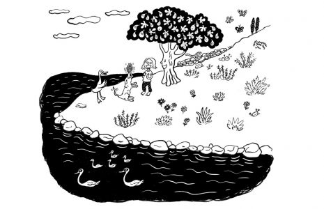 Illustration, Kinderbuch, Zeichnung für Kinder, Kinderillustration, Feigenbaum, Gans, Tannenzapfen, Hund