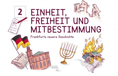Schulheft, Frankfurt, Schulbuch Illustration, Grafik, Zeichnung, Kinder, Sachunterricht, Kinderillustration, Wissen, Stadt, Geschichte, Frankfurt, Paulskirche, Bücherverbrennung, Demokratie, Pokrom