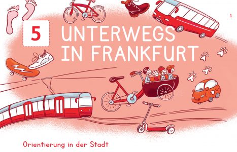 Schulheft, Frankfurt, Schulbuch Illustration, Grafik, Zeichnung, Kinder, Sachunterricht, Kinderillustration, Wissen, Stadt, Mobilitär, Verkehr, Verkehrsmittel, ÖPNV, Verkehrswende, Frankfurt,