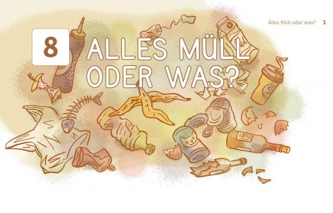 Schulheft, Frankfurt, Schulbuch Illustration, Grafik, Zeichnung, Kinder, Entsorgung, Sachunterricht, Kinderillustration, Wissen, Stadt, Müll, Kommune, Mülltrennung, Müllproblem, Recycling