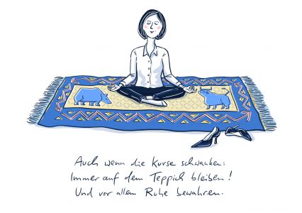 Finanzen, Finanzwelt, Aussitzen, Entspannung, Yoga, Aktienkauf, Wirtschaft, Illustration, Geld, Vermögen, Anlage, Symbolbild, Wirtschaftsillustration, Business, Banking, Börse, Aktien, Cartoon, Geldanlage