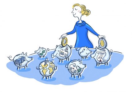 Sparen, Sparschwein, Finanzen, Finanzwelt, Aktienkauf, Wirtschaft, Illustration, Geld, Vermögen, Anlage, Symbolbild, Wirtschaftsillustration, Business, Banking, Börse, Aktien, Cartoon, Geldanlage, Vermögen