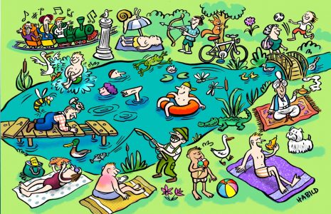 Wimmelbild, Badesee, Sommer, Schwimmteich, Teich, Kinder, Illustration, Cartoon