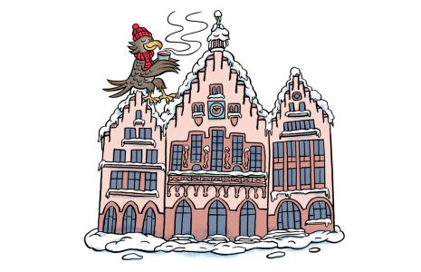 Römer, Frankfurt, Adler, Tee, Winter, Cartoon, Wappentier, Illustration