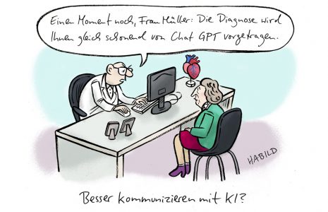 Cartoon, Karikatur, habild, chat gpt, KI, AI, arzt, kommunikation, sprechzimmer, diagnose