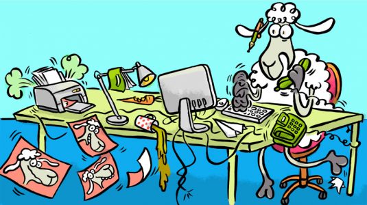 Elvis, Cartoon, Comic, Schaf, Tier, Sympathiefigur, Cartoonfigur, Telefon, Schreibtisch, Drucker, Arbeit, Büroarbeit, Comicfigur, Büro, Arbeit, Chaos, office