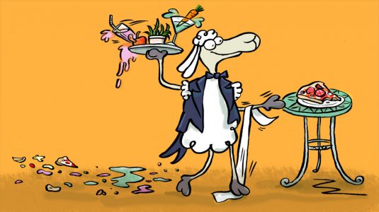 Elvis, Cartoon, Comic, Schaf, Tier, Sympathiefigur, Cartoonfigur, Comicfigur, Kellner, Tablett, Gastronomie