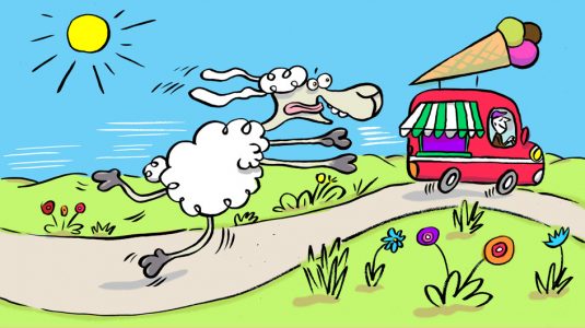 Elvis, Cartoon, Comic, Schaf, Tier, Sympathiefigur, Cartoonfigur, Comicfigur, Sommer, Eiswagen, Hitze, Abkühlung, Eiscreme, Erfrischung