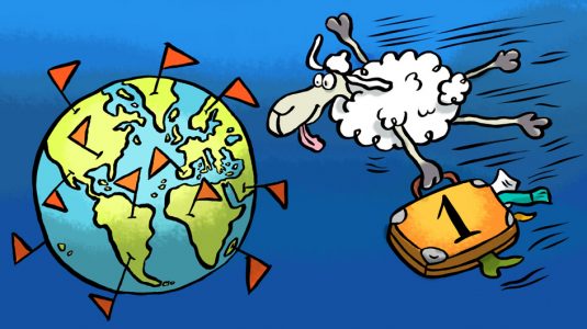 Elvis, Cartoon, Comic, Schaf, Tier, Sympathiefigur, Cartoonfigur, Comicfigur, Reise, Weltreise, Globus, Universum, Fliegen, Urlaub