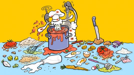 Elvis, Cartoon, Comic, Schaf, Tier, Kochen, Chaos, Küche, Würzen, Suppe, Sympathiefigur, Cartoonfigur, Comicfigur,