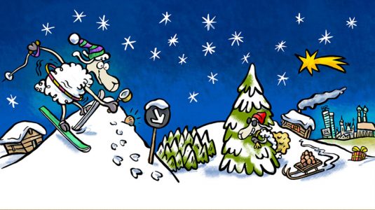 Elvis, Cartoon, Comic, Schaf, Tier, Weihnachtslandschaft, Schnee, Winter, Sympathiefigur, Cartoonfigur, Comicfigur, Weihnachten