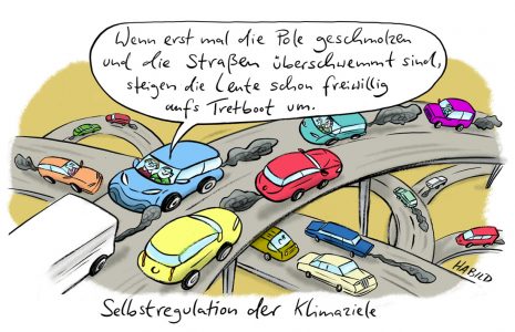 Cartoon, Karikatur, habild,klimaziele, klimawandel, autoland, autobahn, verbrenner, fossile Energie, Energiewende, CO2, Selbstregulation