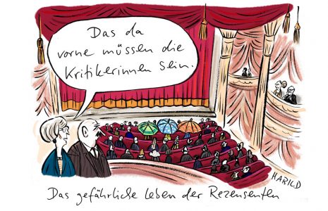 Cartoon, Karikatur, habild, Kritikerinnen, Rezensenten, Kritik, Kritiker, Theater, Ballett, Opernhaus, Konzertsaal,