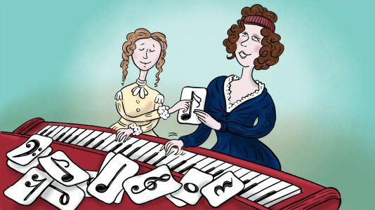 klassik, klassische musik, illustration, komponisten, porträt, portait, musik, karikatur, cartoon, komponist, komponistin, maria theresia von paradis, klavier, klavierlehrerin, noten