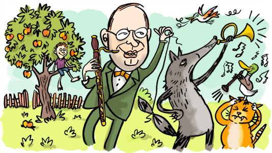 klassik, klassische musik, illustration, Peter und der wolf, musikmärchen, tiere, komponisten, porträt, portait, musik, karikatur, cartoon, komponist,