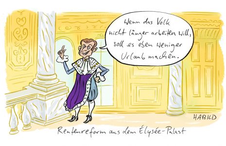 Cartoon, Karikatur, habild, frankreich, reform, rentenreform, macron, emmanuel macron, elysee palast