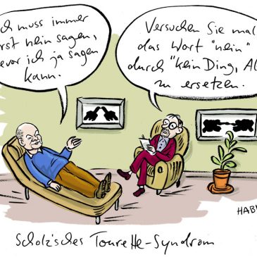Cartoon, Karikatur, habild, Scholz, psychiater, couch, tourette, kanzler, waffenlieferung, zögern, bundeskanzler