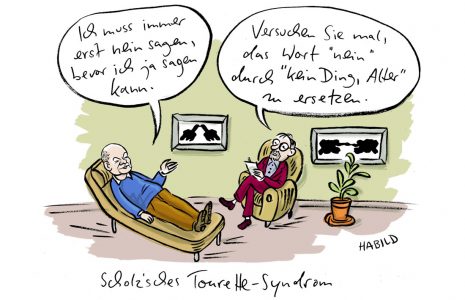 Cartoon, Karikatur, habild, Scholz, psychiater, couch, tourette, kanzler, waffenlieferung, zögern, bundeskanzler