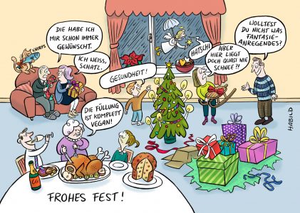 Weihnachten, Weihnachtsfest, Cartoon, Postkarte, Frohes Fest, Wimmelbild, Heilig Abend, Essen, Geschenke