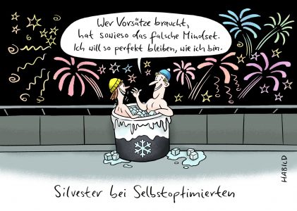 Cartoon, Jahreswechsel, Neues Jahr, Postkarte, Karte, Silvester, Feuerwerk, Vorsätze, Karikatur, Selbstoptimiert, Selbstoptimierung