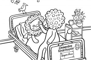 Clementine, Kinderkrankenhaus, Ausmalheft, ausmalen, Kind, krank, Krankenhaus, Bauchweh, Bauchschmerzen, Bett, Krankenzimmer, Pfleger, Krankenschwester, Arzt, Mutter, Besuch, Gute Besserung, Hospital, Leopaulino, Löwe