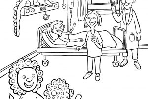 Clementine, Kinderkrankenhaus, Ausmalheft, ausmalen, Kind, krank, Krankenhaus, Bauchweh, Bauchschmerzen, Einweisung, Arzt, Bett, Krankenbett, Krankenzimmer, Hospital, Leopaulino, Löwe