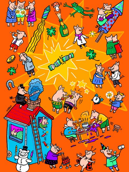Silvester, Glück, Schweine, Glücksschwein, Klee, Rakete, Böller, Knaller, Party, Hufeisen, Glücksbringer, Neujahr, Jahreswechsel