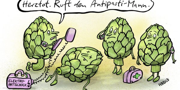 Artischocke Elektro-Schock Reanimation Herz Antipasti Tot Sterben Bestatter